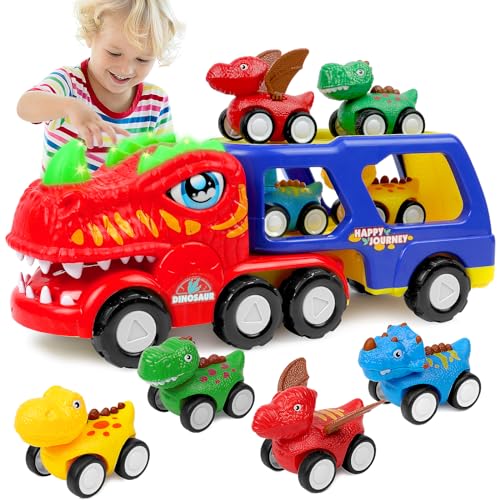 HOTUT Dinosaurier LKW Spielzeug für Kinder, 5 in 1 Transporter LKW Spielzeug mit Licht und Musik, Tyrannosaurus rex Autotransporter Geschenke mit 4 Mini Dino Spielzeugautos ab 3-5 Jahr Jungen Mädchen von HOTUT