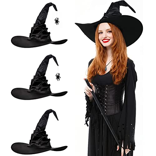 HOUGE 3-teiliger Halloween-Hexenhut, schwarzer Spinnenfledermaus-Hexenhut, große Geraffte Hüte, Damen-Kostümzubehör für Halloween-Cosplay-Party, 58 von HOUGE