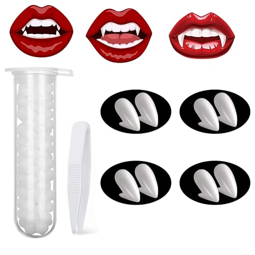 Vampir Zähne,4 Paar Vampirzähne Kinder Erwachsene mit Zähne Pellets Kleber,Vampire Teeth Wiederverwendbar für Halloween,Cosplay Requisiten,Party,Halloween Fangs Einzigartig Gefälligkeiten-13MM von HOUSN