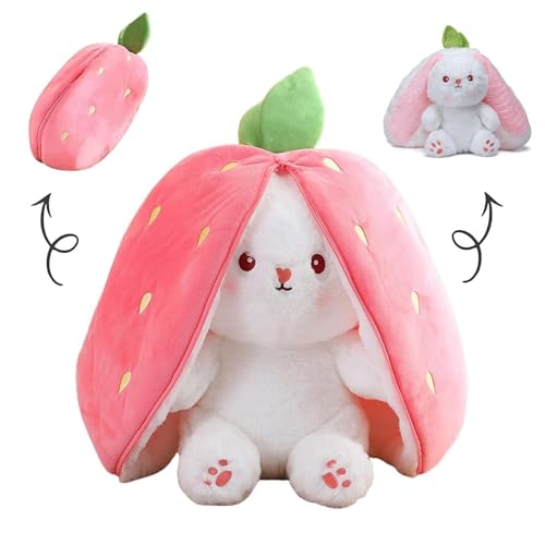 Hase Kuscheltier Plüschtiere, 25CM Osterhase Plüschtier, Erdbeer Hasen Verstecken Und Suchen Ausgestopftes Spielzeug, Erdbeer Plüsch Ostergeschenke Für Kinder, Jungen, Mädchen (Rosa) von HOUSN