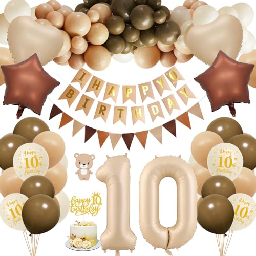 10. Geburtstagdeko Junge Mädchen, 10 Jahre Braun Beige Ballon Arch Kit mit Happy Birthday Banner, Cake Topper, Geburtstag Zahlen Luftballon 10 Jahre, Folienballon, Party Deko für Geburtstag von HOUSTAR