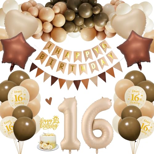 16. Geburtstagdeko Junge Mädchen, 16 Jahre Braun Beige Ballon Arch Kit mit Happy Birthday Banner, Cake Topper, Geburtstag Zahlen Luftballon 16 Jahre, Folienballon, Party Deko für Geburtstag von HOUSTAR