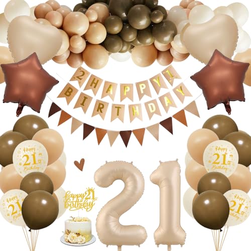 21. Geburtstagdeko Junge Mädchen, 21 Jahre Braun Beige Ballon Arch Kit mit Happy Birthday Banner, Cake Topper, Geburtstag Zahlen Luftballon 21 Jahre, Folienballon, Party Deko für Geburtstag von HOUSTAR