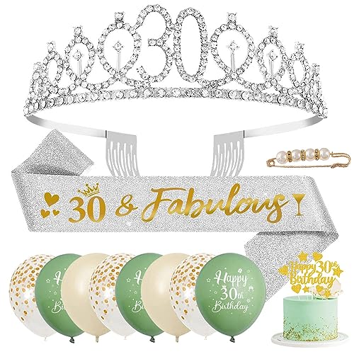 30. Geburtstag Frauen Deko, 30. Geburtstag Schärpe und Tiara, 30 Geburtstag Geschenke mit Luftballon Grün Beige Konfetti Silber Kristall Tiara Krone, 30 Jahr Luftballons Tortendeko Party Zubehör von HOUSTAR