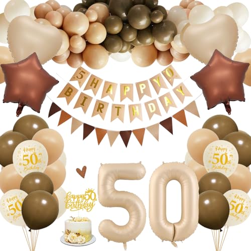 50. Geburtstagdeko Frauen Männer, 50 Jahre Braun Beige Ballon Arch Kit mit Happy Birthday Banner, Cake Topper, Geburtstag Zahlen Luftballon 50, Folienballon, Party Deko für 50 Geburtstag von HOUSTAR