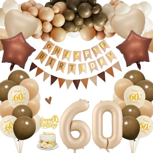 60. Geburtstagdeko Frauen Männer, 60 Jahre Braun Beige Ballon Arch Kit mit Happy Birthday Banner, Cake Topper, Geburtstag Zahlen Luftballon 60, Folienballon, Party Deko für 60 Geburtstag von HOUSTAR