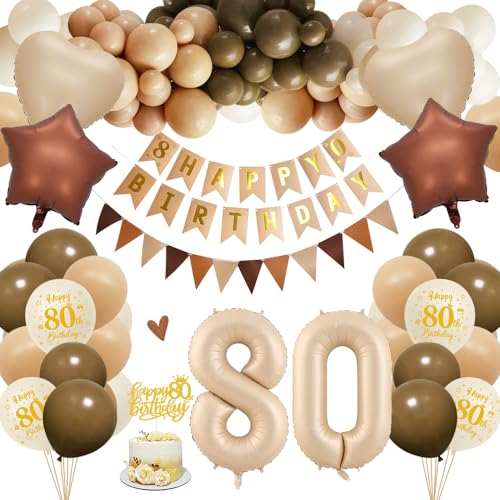 80. Geburtstagdeko Frauen Männer, 80 Jahre Braun Beige Ballon Arch Kit mit Happy Birthday Banner, Cake Topper, Geburtstag Zahlen Luftballon 80, Folienballon, Party Deko für 80 Geburtstag von HOUSTAR