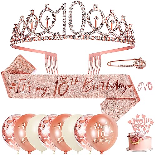 10. Geburtstag Mädchen, 10. Geburtstagskrone und Geburtstag Schärpe, Geburtstag Deko Rose Gold, Birthday Schärpe Tiara Krone, 10 Geburtstag Cupcake Topper Konfetti Luftballons Party Zubehör Deko von HOUSTAR