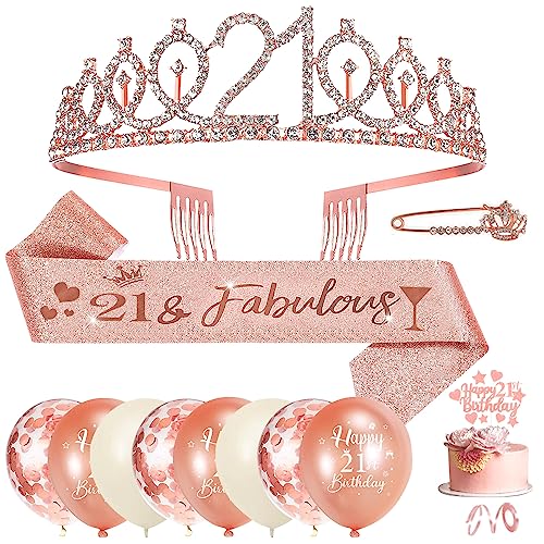 21. Geburtstag Mädchen, 21. Geburtstagskrone und Geburtstag Schärpe, Geburtstag Deko Rose Gold, Birthday Schärpe Tiara Krone, 21 Geburtstag Cupcake Topper Konfetti Luftballons Party Zubehör Deko von HOUSTAR