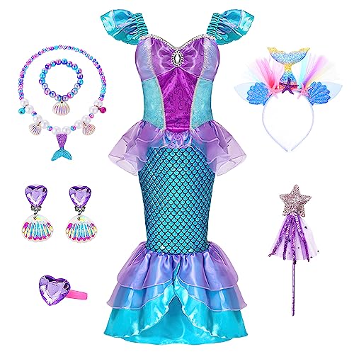 HOUSTAR Meerjungfrau Kostüm Mädchen, Prinzessin Arielle Kostüm Kleid mit Meerjungfrau Zubehör, Arielle Kostüm Kinder Geschenke für Mädchen, Meerjungfrau Kleid für Cosplay Karneval Party (110) (150) von HOUSTAR
