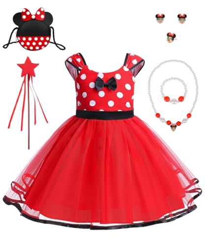 HOUSTAR Prinzessin Kleid Mädchen, Mädchen Kleid, Gepunktet Kleid Kleinkind mit Mausohren Tasche, Halskette, Tütü Prinzessin Kleid für Kinder Geburtstag Cosplay Halloween Karneval Kostüm (130) von HOUSTAR