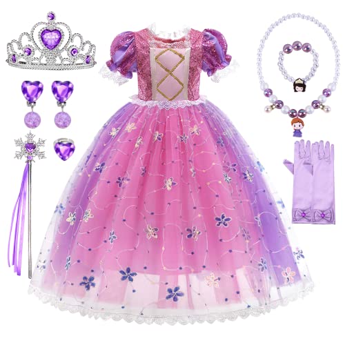 HOUSTAR Prinzessin Kleid Mädchen, Sofia Rapunzel Kostüm Kinder mit Krone Zauberstab Halsketten Set, Faschingskostüme Kinder Rapunzel Prinzessin Kostüm für Karneval Cosplay Geburtstagsfeier von HOUSTAR