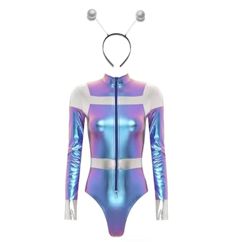 HOUXINQWWP Cosplay Damen Halloween Reißverschluss mit Alien Haarreifen S-4XL, Blau A, L von HOUXINQWWP