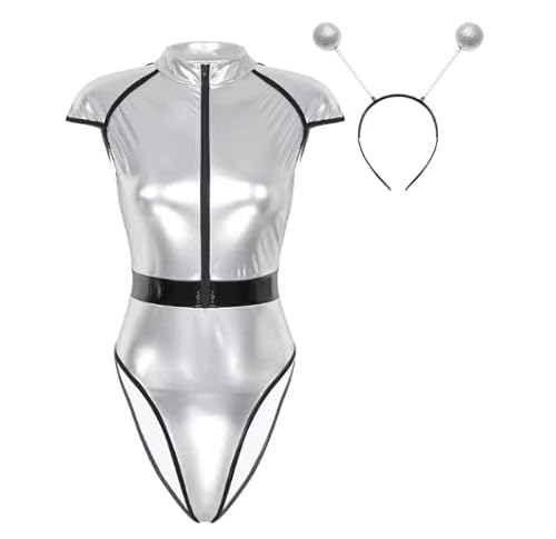 HOUXINQWWP Cosplay Damen Halloween-Reißverschluss mit Alien-Haarreifen S-4XL, Silber, L von HOUXINQWWP