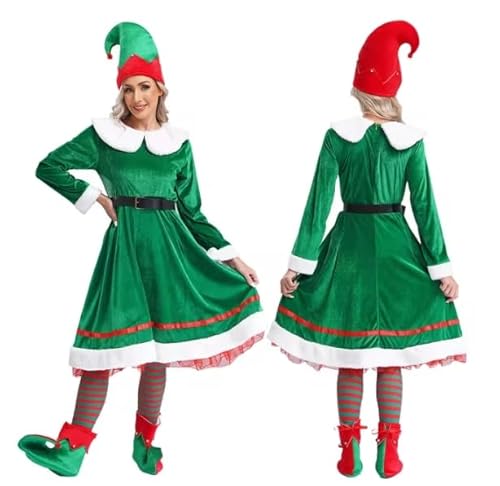 HOUXINQWWP Cosplay Damen Weihnachtskleid mit Gürtel, Hut, Strümpfe, Schuhe, S-3XL, Grün, 3XL von HOUXINQWWP