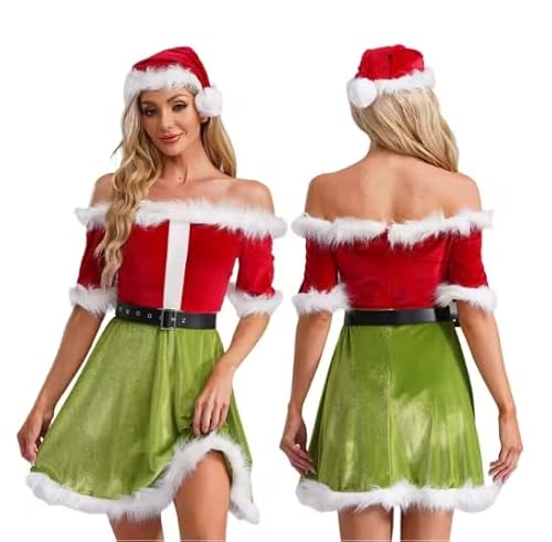 HOUXINQWWP Cosplay-Kleid für Damen, Weihnachtsmann-Kleid, kurzärmelig, mit Gürtel und Nikolausmütze, Größe S-XXL, Grün, Größe L von HOUXINQWWP