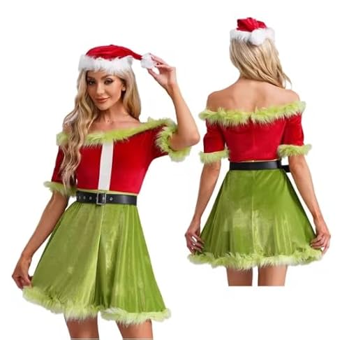 HOUXINQWWP Cosplay-Kleid für Damen, Weihnachtsmann-Kleid, kurzärmelig, mit Gürtel und Nikolausmütze, Größe S-XXL, Weiß, Größe L von HOUXINQWWP