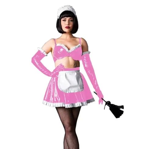 HOUXINQWWP Cosplay-Kostüm, Oberteil, Röcke mit Handschuhen, PVC-Leder, Größe S-7XL, Rosa, 3XL von HOUXINQWWP