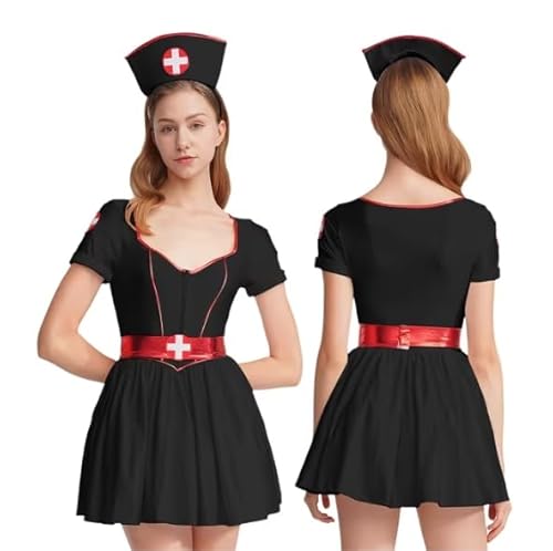 HOUXINQWWP Cosplay-Kostüm für Damen, Halloween-Kleid mit Stirnband und Gürtel, Größe S-4XL, Schwarz A, S von HOUXINQWWP