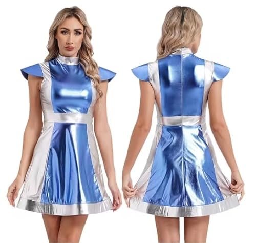 HOUXINQWWP Cosplay-Kostüm für Damen, Halloween-Kostüm, metallisches Kleid, Größe S-3XL, Blau, Größe 3XL von HOUXINQWWP