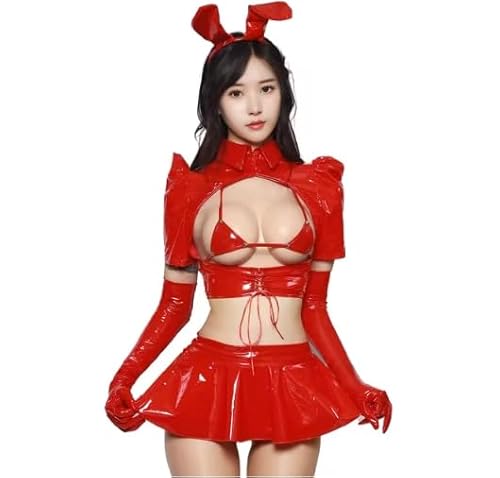 HOUXINQWWP Cosplay-Kostüm für Damen, Leder-BH, Rüschen, Stirnband, Kostüm, Größe M-XL, Rot A, M von HOUXINQWWP