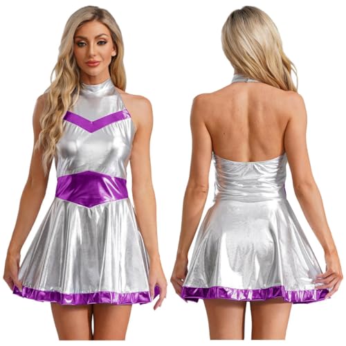 HOUXINQWWP Damen Cosplay Kostüm Metallic A-Linie Kurzes Kleid Rave Party Clubwear, voilett, S von HOUXINQWWP