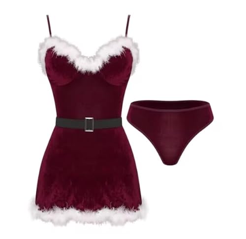 HOUXINQWWP Damen-Kostüm, Weihnachts-Kostüm, Kleid mit Slip-Gürtel, Größe S-3XL, Burgunderrot, XXL von HOUXINQWWP