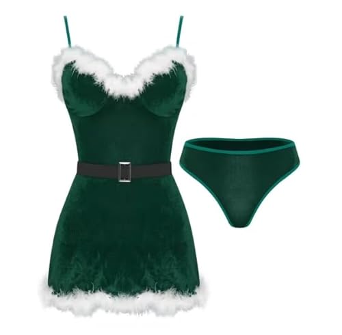 HOUXINQWWP Damen-Kostüm, Weihnachts-Kostüm, Kleid mit Slip-Gürtel, Größe S-3XL, Grün, Größe 3XL von HOUXINQWWP