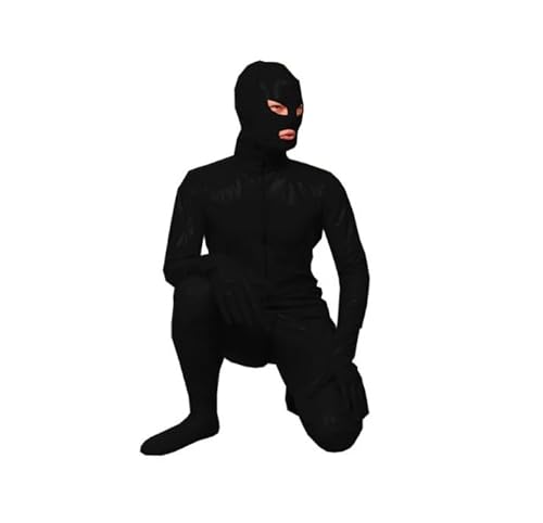 HOUXINQWWP Glänzender PVC-Leder-Reißverschluss für Herren, maskierter Cosplay-Catsuit, Ganzkörper-Mund-Overall, Halloween-Kostüm, 5XL, Schwarz von HOUXINQWWP