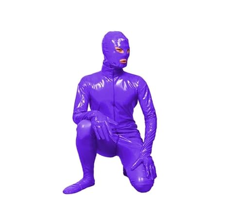 HOUXINQWWP Glänzender PVC-Leder-Reißverschluss für Herren, maskierter Cosplay-Catsuit, Ganzkörper-Mund-Overall, Halloween-Kostüm, Größe 4XL, Violett von HOUXINQWWP