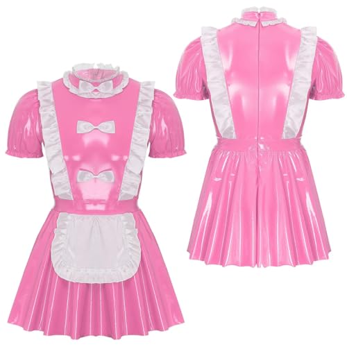 HOUXINQWWP Glänzendes Leder Hausmeister Uniform Club Kleidung Hausfrau Kleid Rüschen trim Schleife Schürze Puff Ärmel A-Linie Kleid, rosa, XXL von HOUXINQWWP