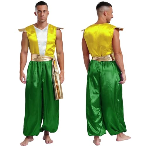 HOUXINQWWP Halloween Lampe Cosplay Kostüm Jumpsuit mit Gürtel Fliegenärmel Metallic Glänzend Satin Strampler, green, XXL von HOUXINQWWP