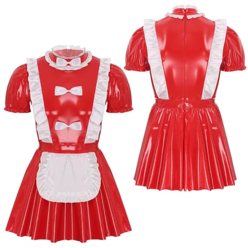 HOUXINQWWP Herren Glänzende Lackleder freches Mädchen Uniform Clubwear Mädchen Kleid Rüschen Trim Bogen Schürze Puffärmel A-Linie Kleid, rot red, 4XL von HOUXINQWWP