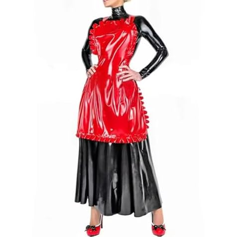 HOUXINQWWP Langes Cosplay-Kleid mit Schürze, PVC-Leder, langärmelig, Cosplay, S-7XL, Rot, 3XL von HOUXINQWWP