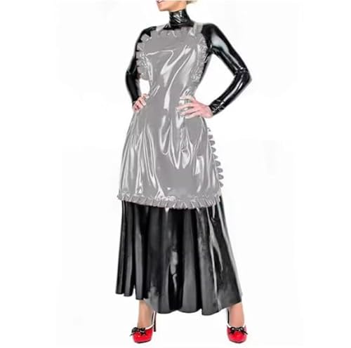 HOUXINQWWP Langes Cosplay-Kleid mit Schürze, PVC-Leder, langärmelig, Cosplay, S-7XL, Silber, 5XL von HOUXINQWWP