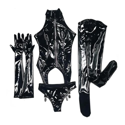 HOUXINQWWP Nachtclub Cosplay Heimmeister Outfit PVC 4 Stück Overall+ Handschuhe + Socken + Hosen Set Party Bodysuit von HOUXINQWWP