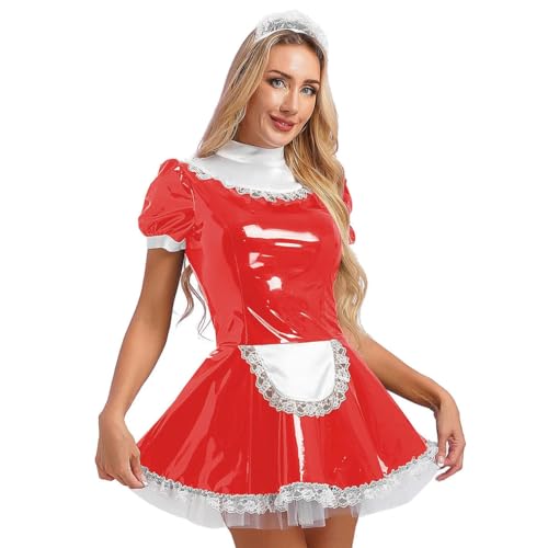 HOUXINQWWP Patent Leder Hausfrau Servant Uniform Ausgestelltes Cosplay Kleid mit Stirnbänder Rüschen Schürze Puff Ärmel A-Linie Kleid, Red A, 4XL von HOUXINQWWP