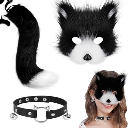 HOVCEH Kunstpelz Fuchs Maske, Katze Fuchs Cosplay, Wolf Katze flauschiger Schwanz und Leder Halskette Set, Halloween Party Cosplay Kostüm Accessoire von HOVCEH