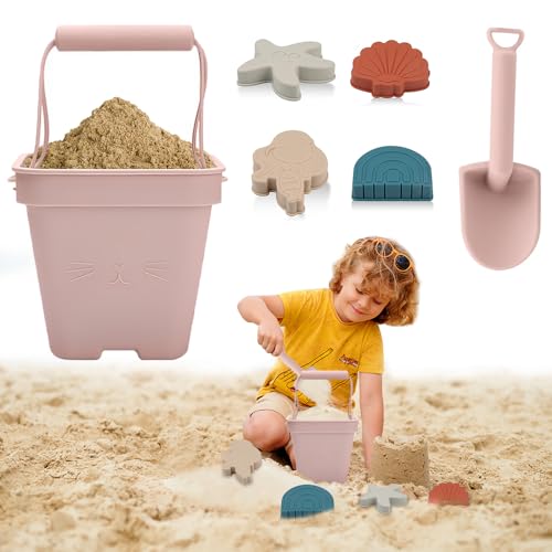 HOVCEH 6 Stück Sandspielzeug Silikon, Sandspielzeug Set für Kinder, Weich Silikon Sand Spielzeug Set für Kleinkinder, Strandspielzeug, Sand Eimer, Schaufel, Meerjungfrau, Seestern, Muschel, Regenbogen von HOVCEH