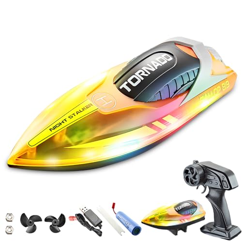 HOVCEH Ferngesteuertes Boot, 2,4 GHz 15km/h High Speed RC Boot, Rennboot RC mit Led-Licht, Speed Boat Remote Control, Rennboote Ferngesteuert für Erwaschene Kinder, 60 Meter Kontrollabstand(Orange) von HOVCEH