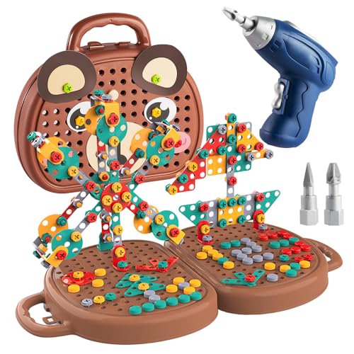 HOVCEH Magic Montessori Play Toolbox, Magische Montessori Spielzeugkiste mit Bohrmaschine, Montessori Spielzeug ab 3 Jahre, Mosaik Puzzle Spielzeug Bohrer Schraube Werkzeug Set(203 Spielzeugteile) von HOVCEH