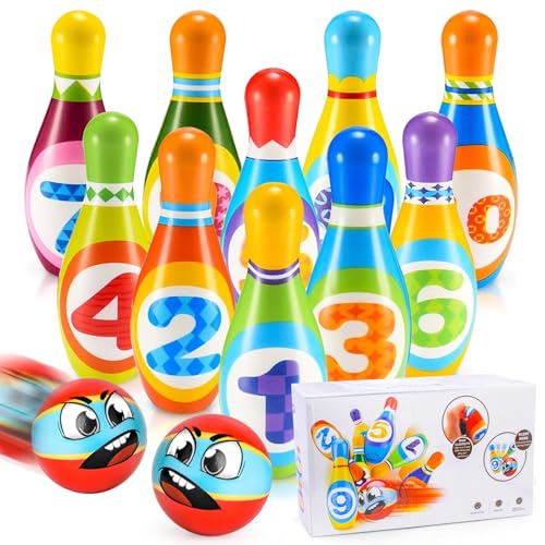 HOVIBU Bowling Set Kinder, 12 Stück Kegelspiel für Kinder mit 10 Kegel und 2 Bälle, Mini Bowling Ball Set für Zuhause, Montessori Junge Mädchen, Dosenwerfen Spielzeug ab 3 Jahre von HOVIBU