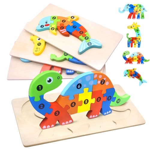 HOVIBU Holzpuzzle für Kleinkinder von 1-3 Jahren, Montessori Spielzeug ab 1 Jahr, Lernendes Pädagogisches Holzpuzzle-Spielzeug, Geschenk für 1 2 3 jährige Jungen und Mädchen - 4er-Pack von HOVIBU