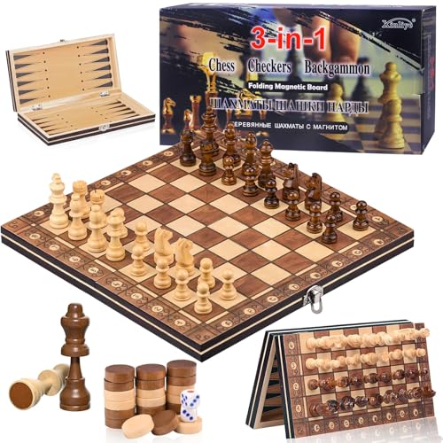 HOVIBU Magnetisches Schachspiel, 3 in 1, Einklappbares Schachbrett aus Holz, Reiseschach, Tragbares Hochwertiges Magnetisches Schach für Familienaktivitäten und Partys, für Kinder und Erwachsene von HOVIBU