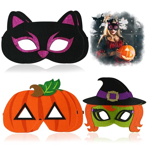 HOVUK 6x Halloween Filzmasken, Hexe Kürbis Schwarze Katze Filzmaske mit Verstellbarem Riemen, Filzmaske für Süßes Oder Saures, Weiche Filz Party Masken mit Angenehmer Passform von HOVUK