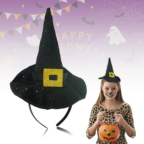 Schwarzer Hexenhut für Kinder, 26 cm, glitzernder Hut, Stirnband mit Schnalle, Halloween-Kostümhut für Damen, Halloween-Kostüm-Zubehör von HOVUK