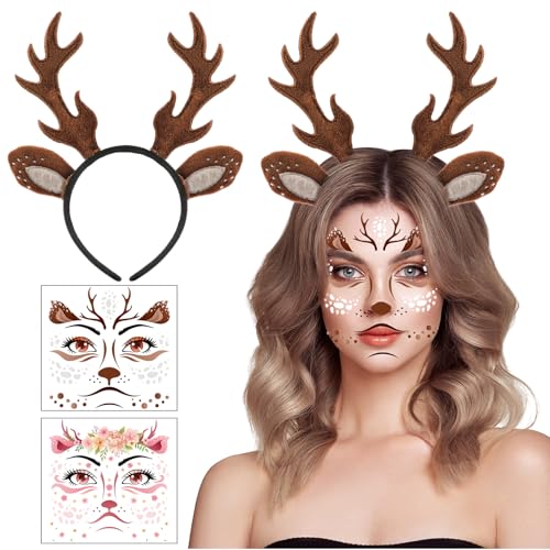 HOWAF 1 Haarreif Reh Damen & 4 Gesichtstattoo Reh Face Tattoo Reh, Reh Geweih Haarreif, Hirschgeweih Haarreif Rentier Haarreif für Reh Kostüm, Weihnachten, Halloween, Karneval Fasching Kostüm, Braun von HOWAF