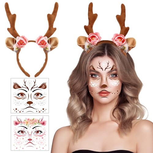 HOWAF 1 Haarreif REH Damen & 4 Gesichtstattoo REH Face Tattoo REH, REH Geweih Haarreif, Hirschgeweih Haarreif Rentier Haarreif für REH Kostüm, Weihnachten, Halloween, Karneval Fasching Kostüm, Blumen von HOWAF