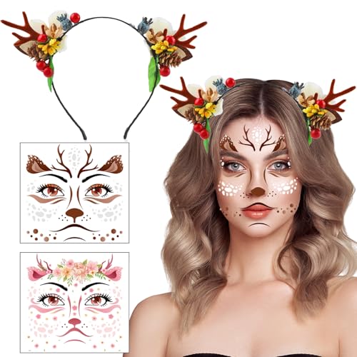 HOWAF 1 Rentier Haarreif & 4 Gesichtstattoo Rentier Face Tattoo REH, REH Geweih Haarreif, Hirschgeweih Haarreif REH, Haarreif Weihnachten für Weihnachten REH Kostüm, Karneval Fasching Kostüm (B) von HOWAF