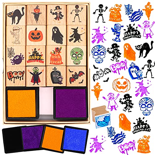 HOWAF 16pcs Halloween Stempel für Kinder Basteln mit Stempelkissen 4pcs, Hölzern Stempel für Kinder Halloween DIY Scrapbooking Karte, Halloween Gastgeschenke für Kinder Halloween Partytüte Geschenk von HOWAF